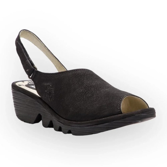 Fly London Black Suede Palpfly Peep Toe Sandals - Picture 1 of 9